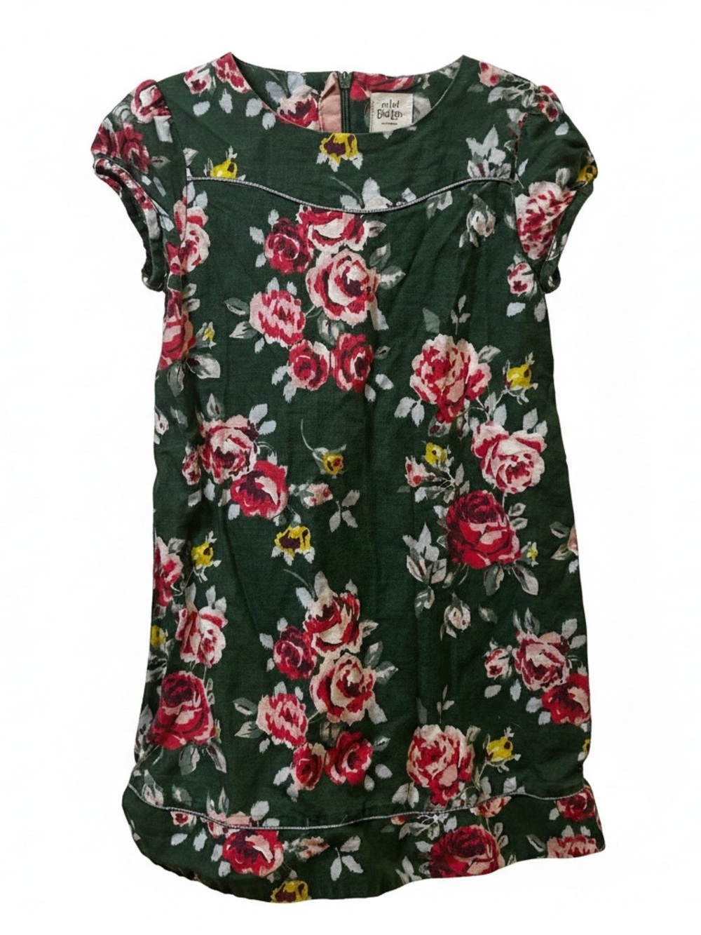 Mini Boden Floral Linen Dress Size 6-7 Year  Green With Rose Pattern